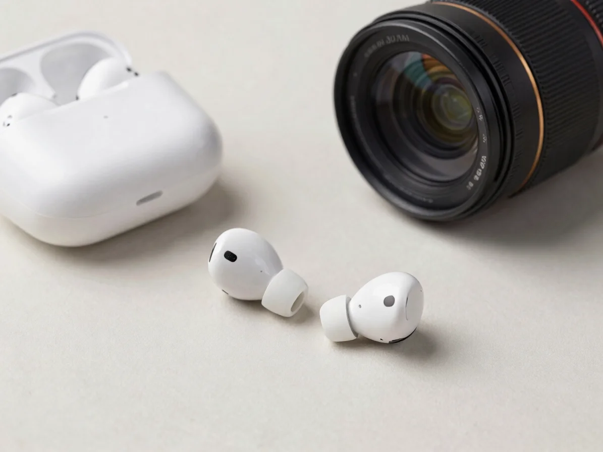 Studio product photograph of a pair of wireless earbuds and a com