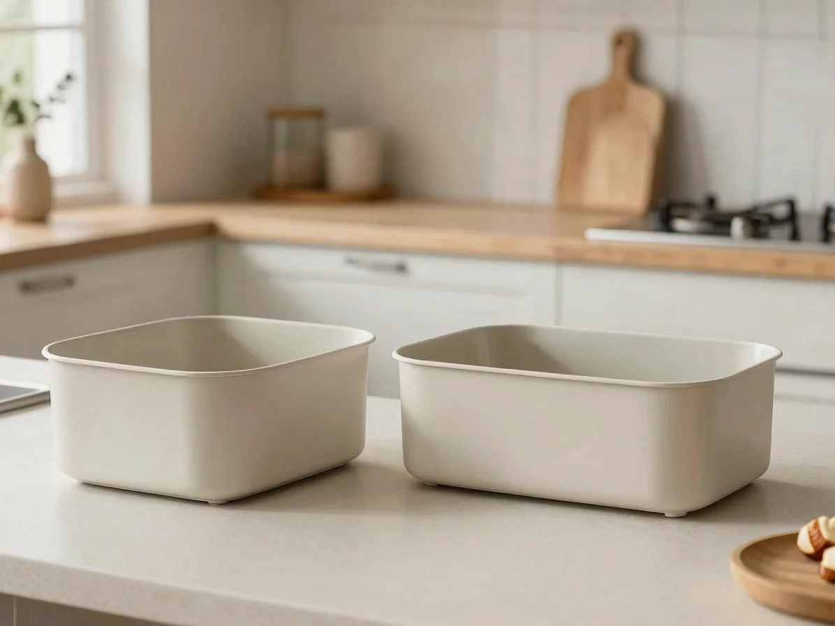 Side-by-side editorial product photograph of two kitchen organize